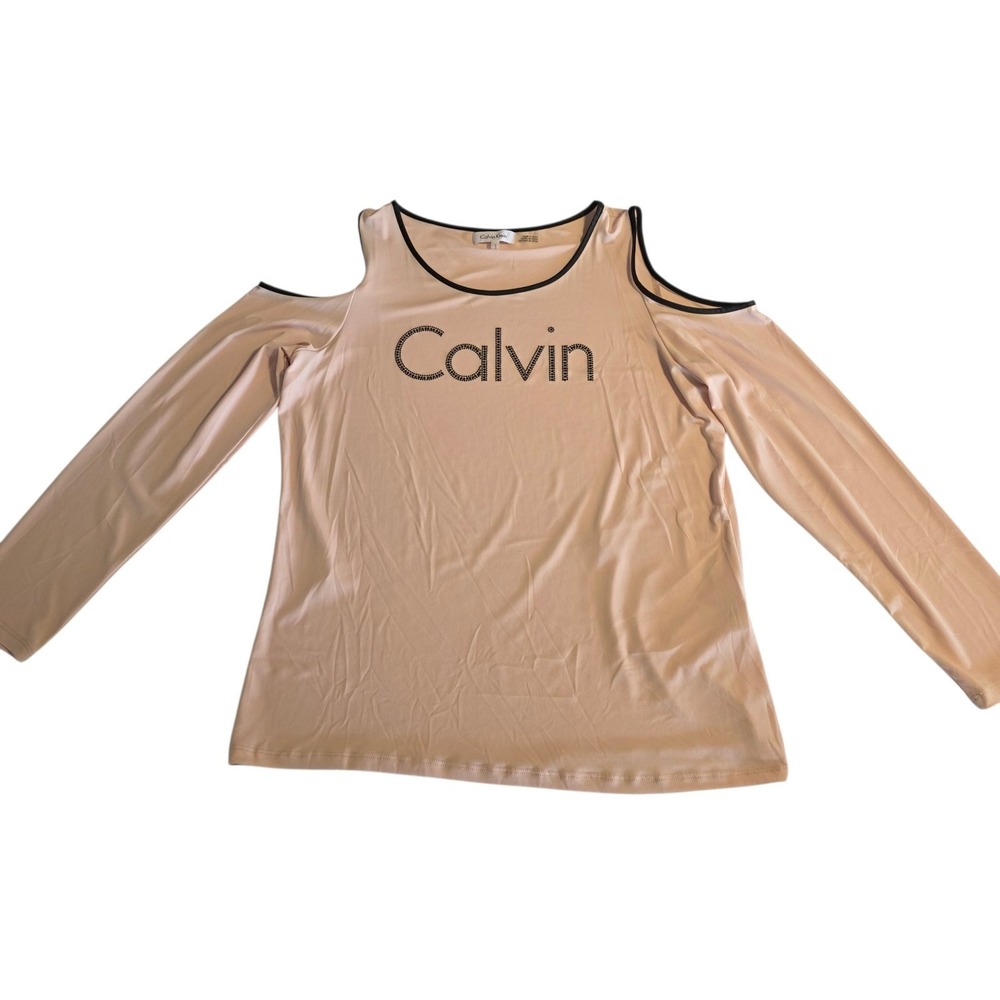 Calvin Klein Cold Shoulder Long Sleeve Top Rhinestone Calvin Graphic Pink Large